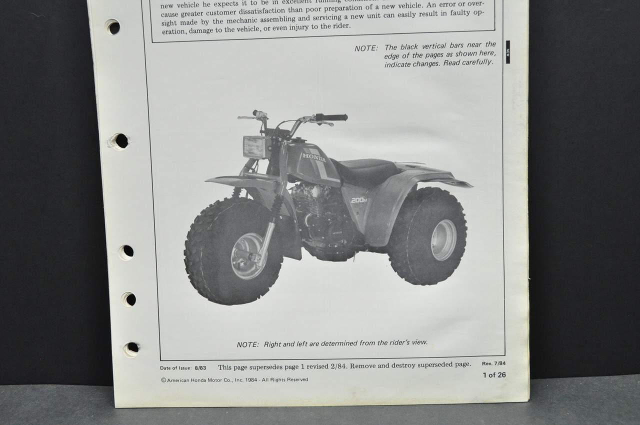 Vintage 1984 Honda ATC200 M Three Wheeler ATV Dealer Set Up Instruction Manual
