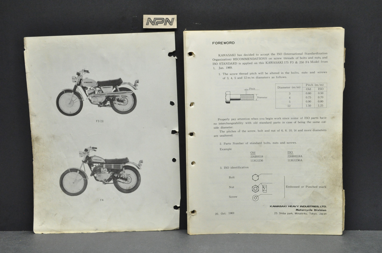 VTG 1969 Kawasaki F3 Bushmaker 175 F4 Sidewinder 250 Parts Manual Catalog Book