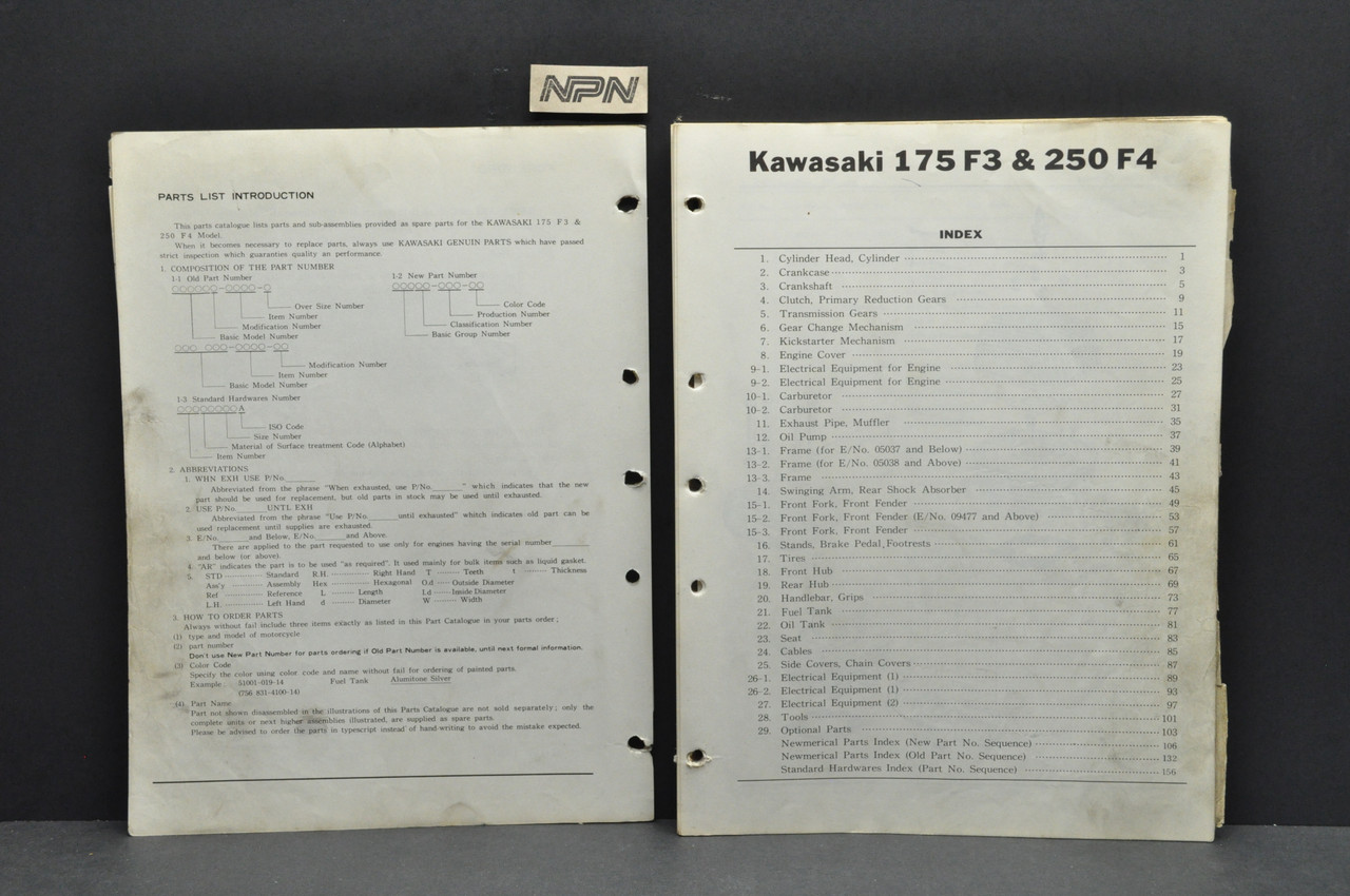 VTG 1969 Kawasaki F3 Bushmaker 175 F4 Sidewinder 250 Parts Manual Catalog Book