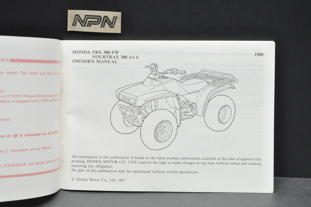 Vintage NOS 1988 Honda Fourtrax 300 TRX300 FW Owners Manual ATV OEM