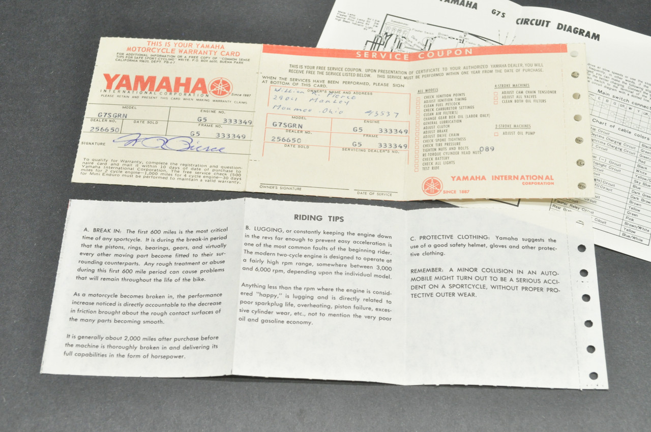 VTG NOS 1972 Yamaha G7S Motorcycle Owners Service Manual 1st Ed + Warranty Card