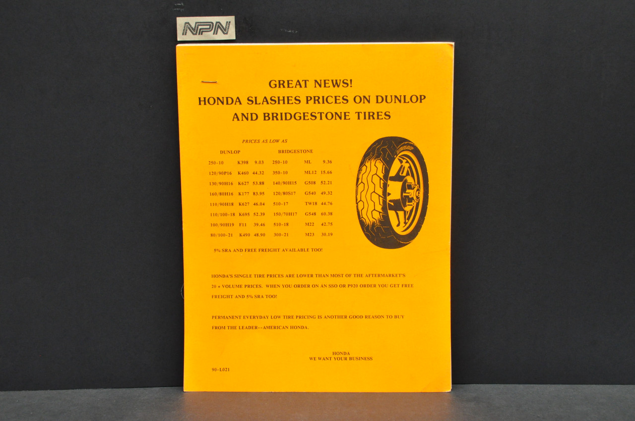 VTG NOS 1990 Honda Motorcycle Tires Dunlop Bridgestone Application Chart Guide