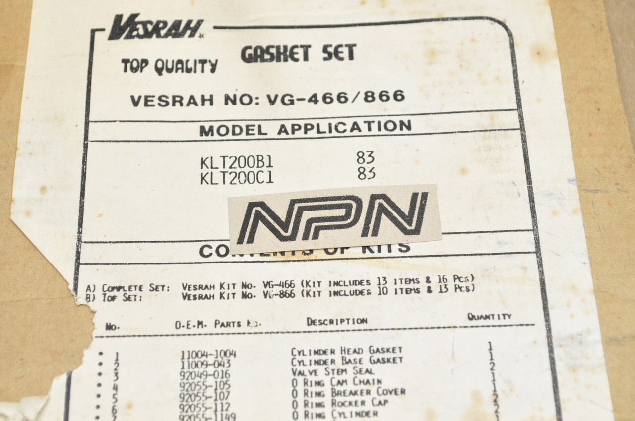 NOS Kawasaki 1983 KLT200 Vesrah Top End Gasket O-Ring Kit VG-866