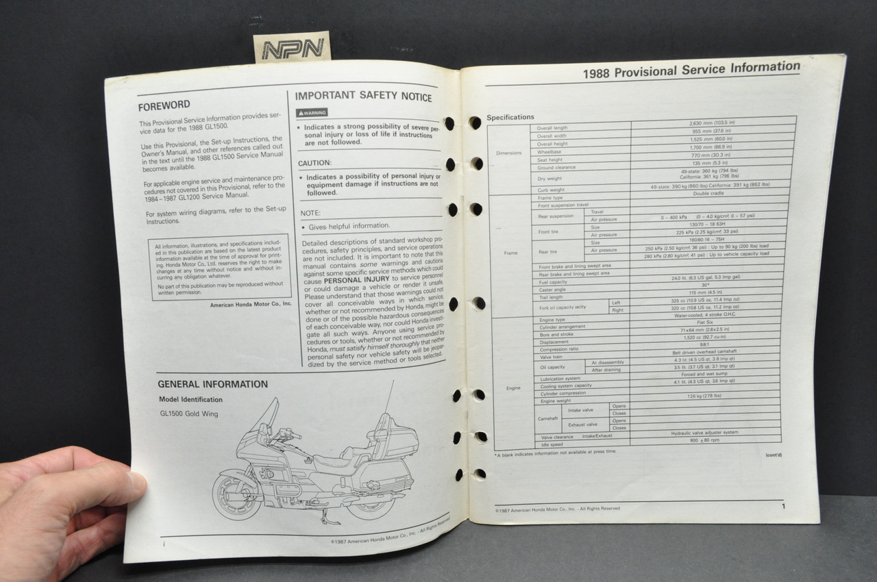 VTG 1988 Honda Gold Wing GL1500 Manual Provisional Service Information