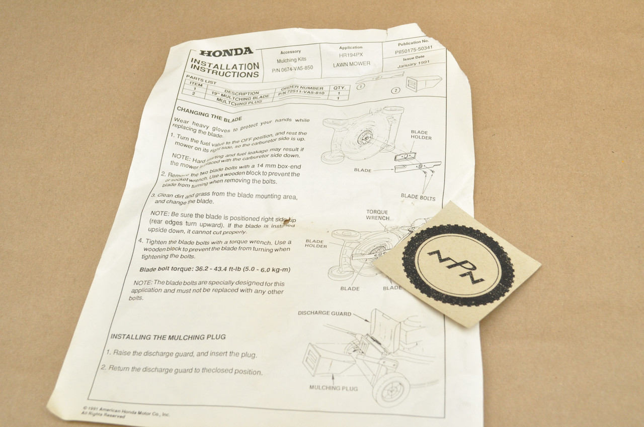 NOS Honda HR194 PX Lawn Mower Mulch Kit 06764-VA5-850