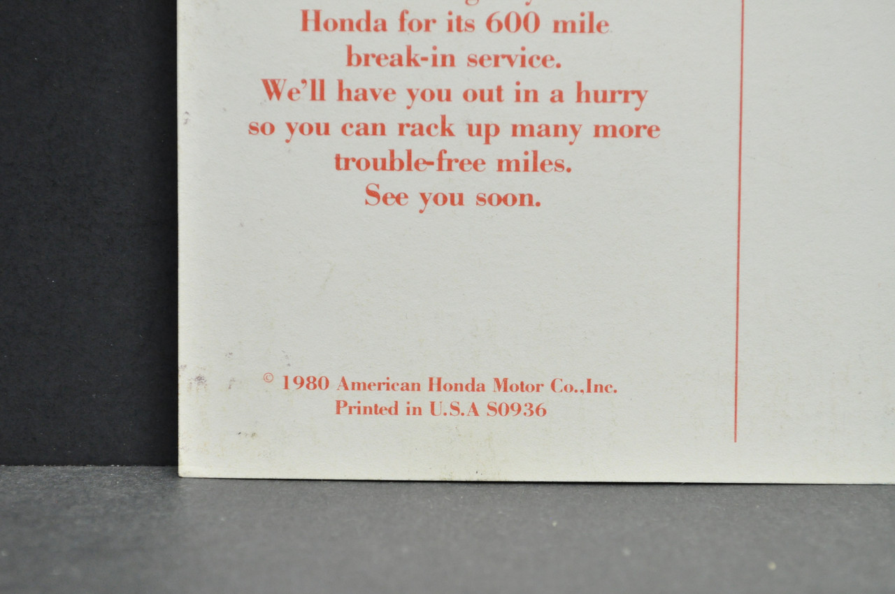 Vintage 1980 Honda Motorcycle 600 Mile Check Up Dealer Service Postcard Mailer