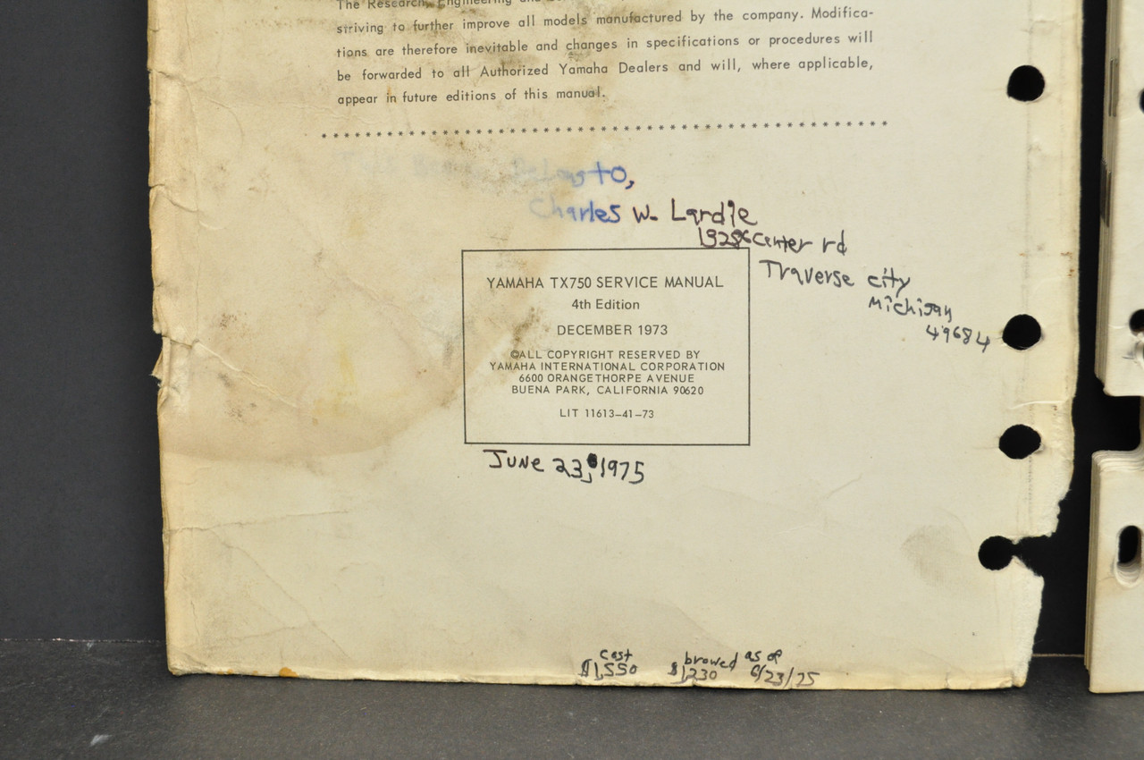 Vintage 1973 Yamaha TX750 Shop Service Manual Repair Maintenance