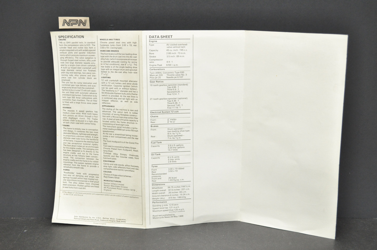 Vintage 1970s Norton Commando 750 Motorcycle Brochure Dealer Spec Sheet NOS OEM