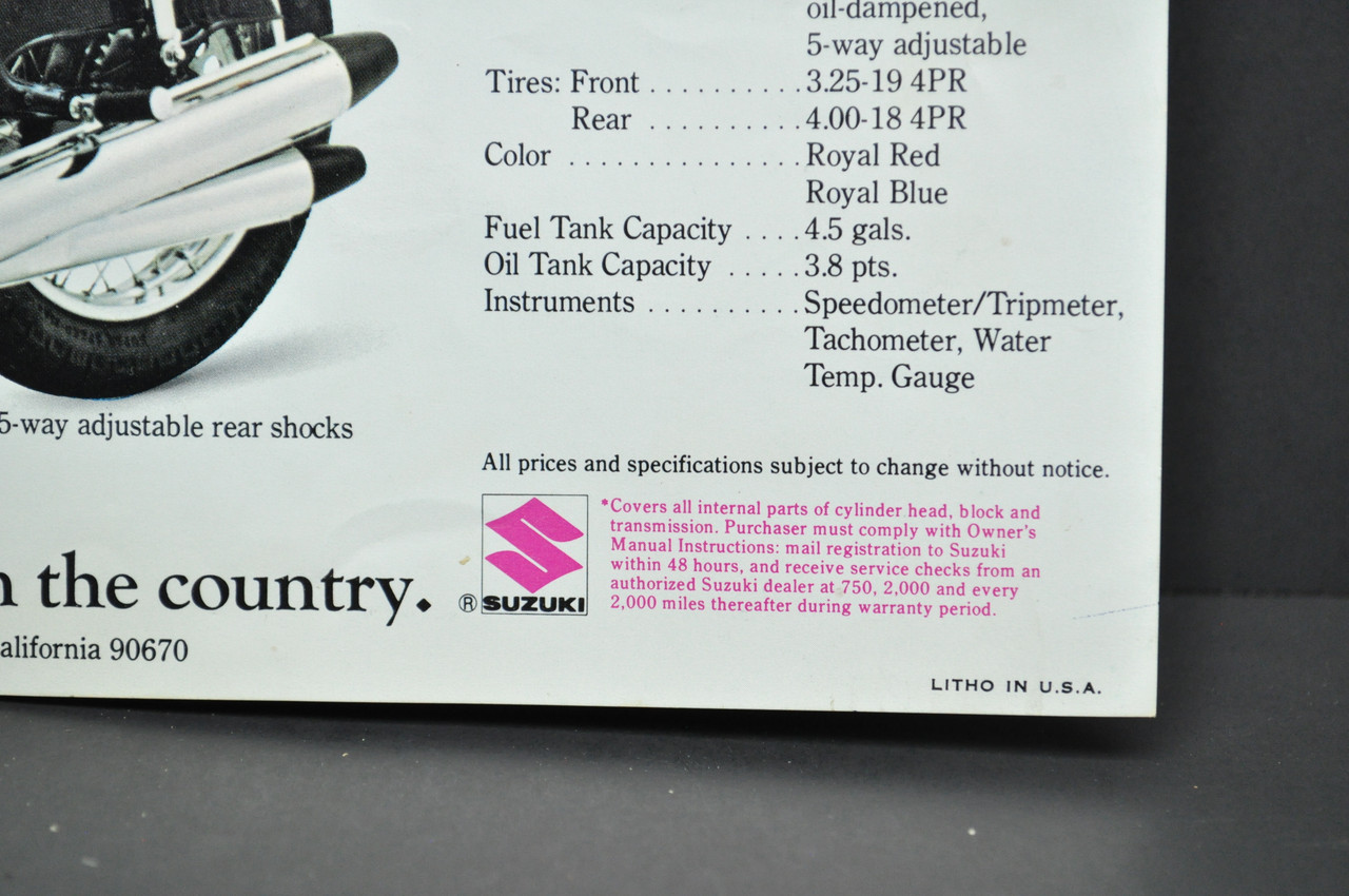 VTG 1972 Suzuki GT550 K Indy GT750 K Le Mans Motorcycle Brochure Dealer Specs