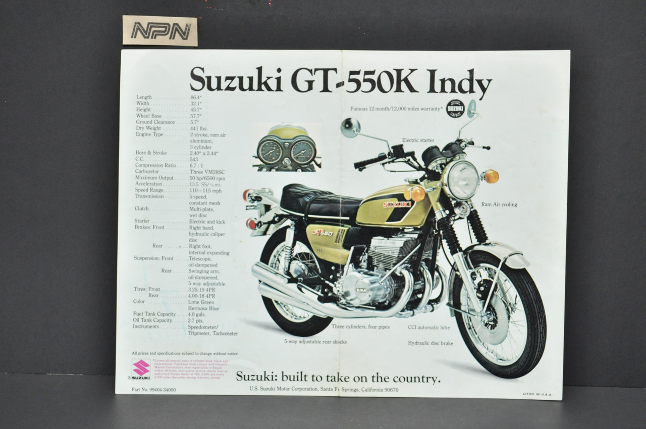 VTG 1972 Suzuki GT550 K Indy GT750 K Le Mans Motorcycle Brochure Dealer Specs