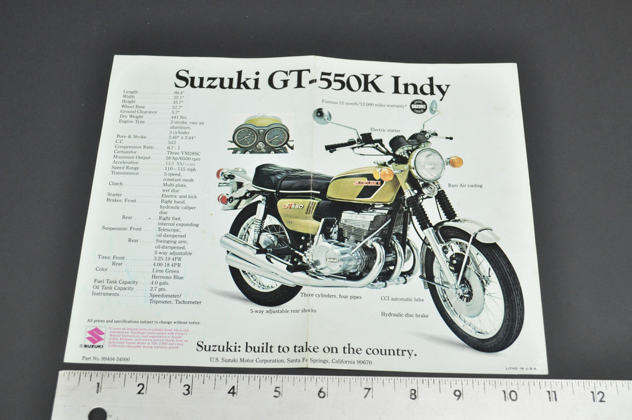 VTG 1972 Suzuki GT550 K Indy GT750 K Le Mans Motorcycle Brochure Dealer Specs