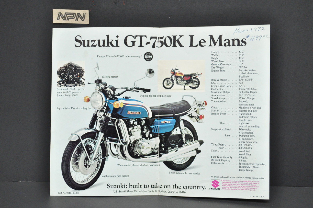 VTG 1972 Suzuki GT550 K Indy GT750 K Le Mans Motorcycle Brochure Dealer Specs