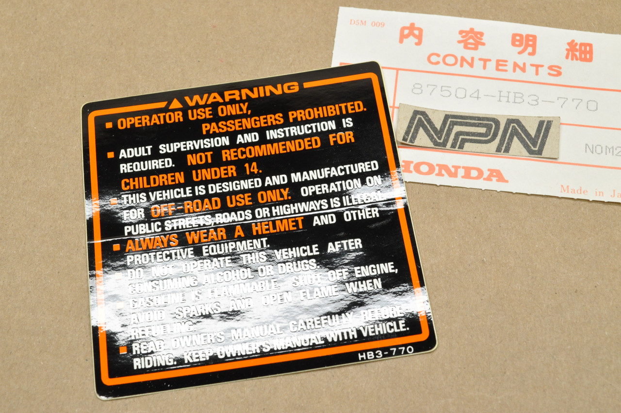 NOS Honda TRX125 TRX200 TRX250 TRX350 Use Caution Warning Label 87504-HB3-770