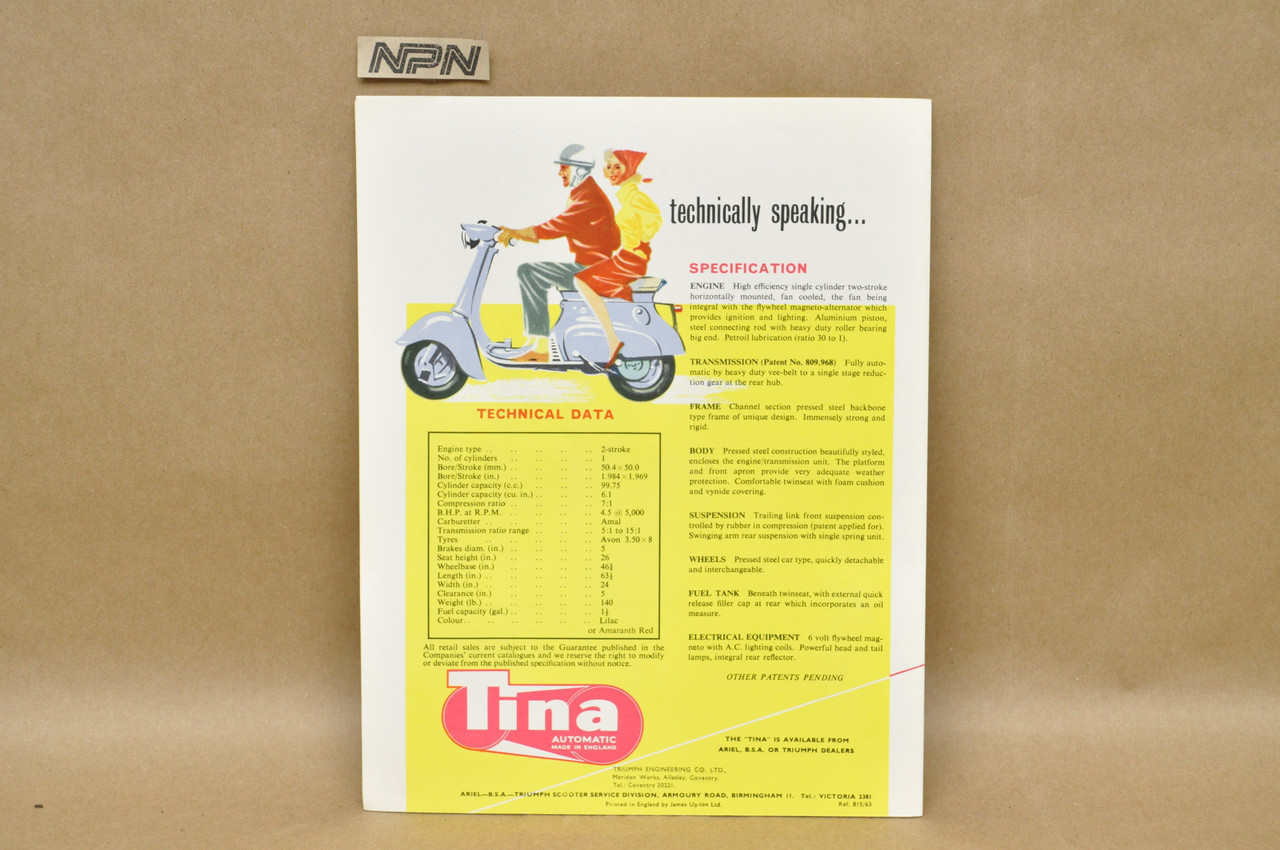 Vintage NOS 1963 Triumph Tina Scooter Dealer Brochure Poster Spec Sheet
