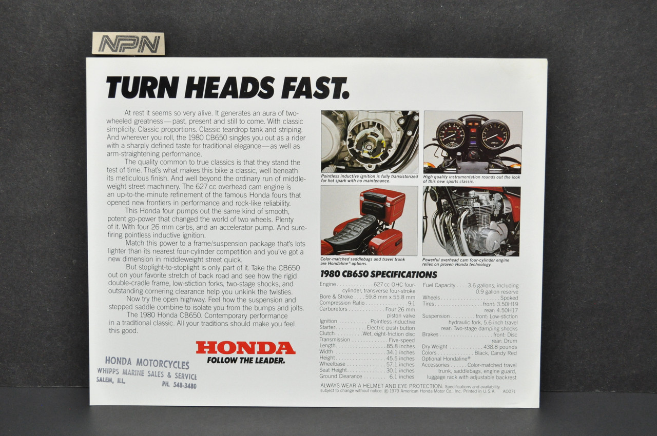 Vintage NOS 1980 Honda CB650 Motorcycle Brochure Dealer Spec Sheet
