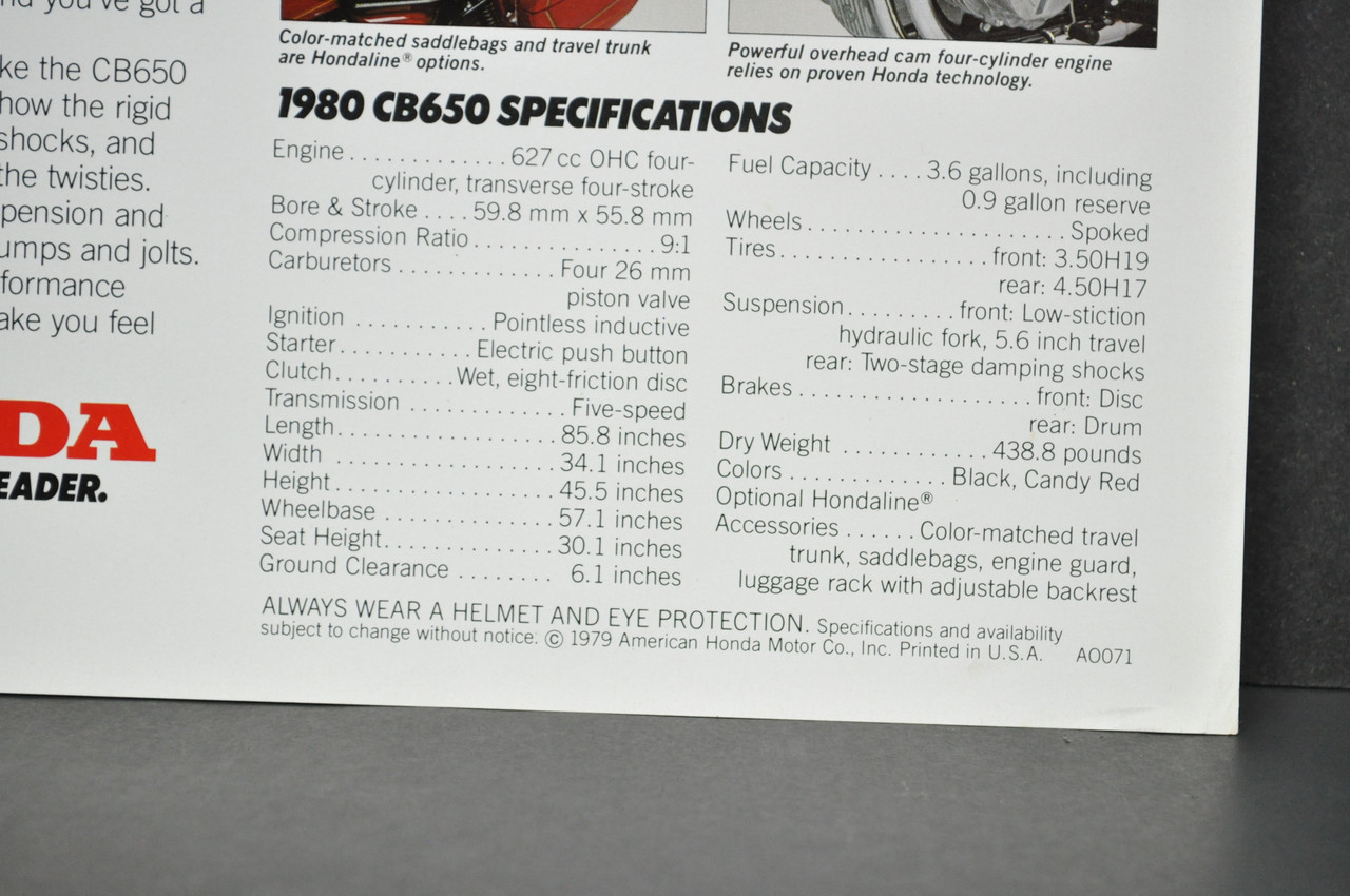 Vintage NOS 1980 Honda CB650 Motorcycle Brochure Dealer Spec Sheet