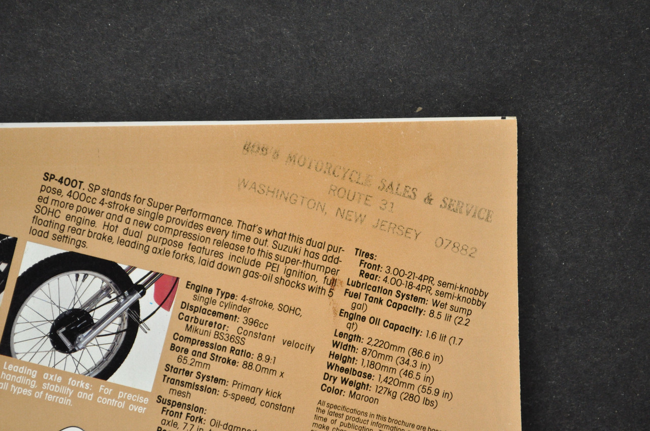 Vintage Suzuki SP400 T Motorcycle Dealer Brochure 1980 NOS Dealer Stamp