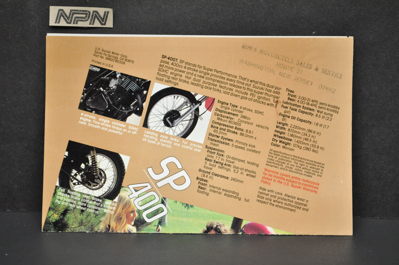 Vintage Suzuki SP400 T Motorcycle Dealer Brochure 1980 NOS Dealer Stamp
