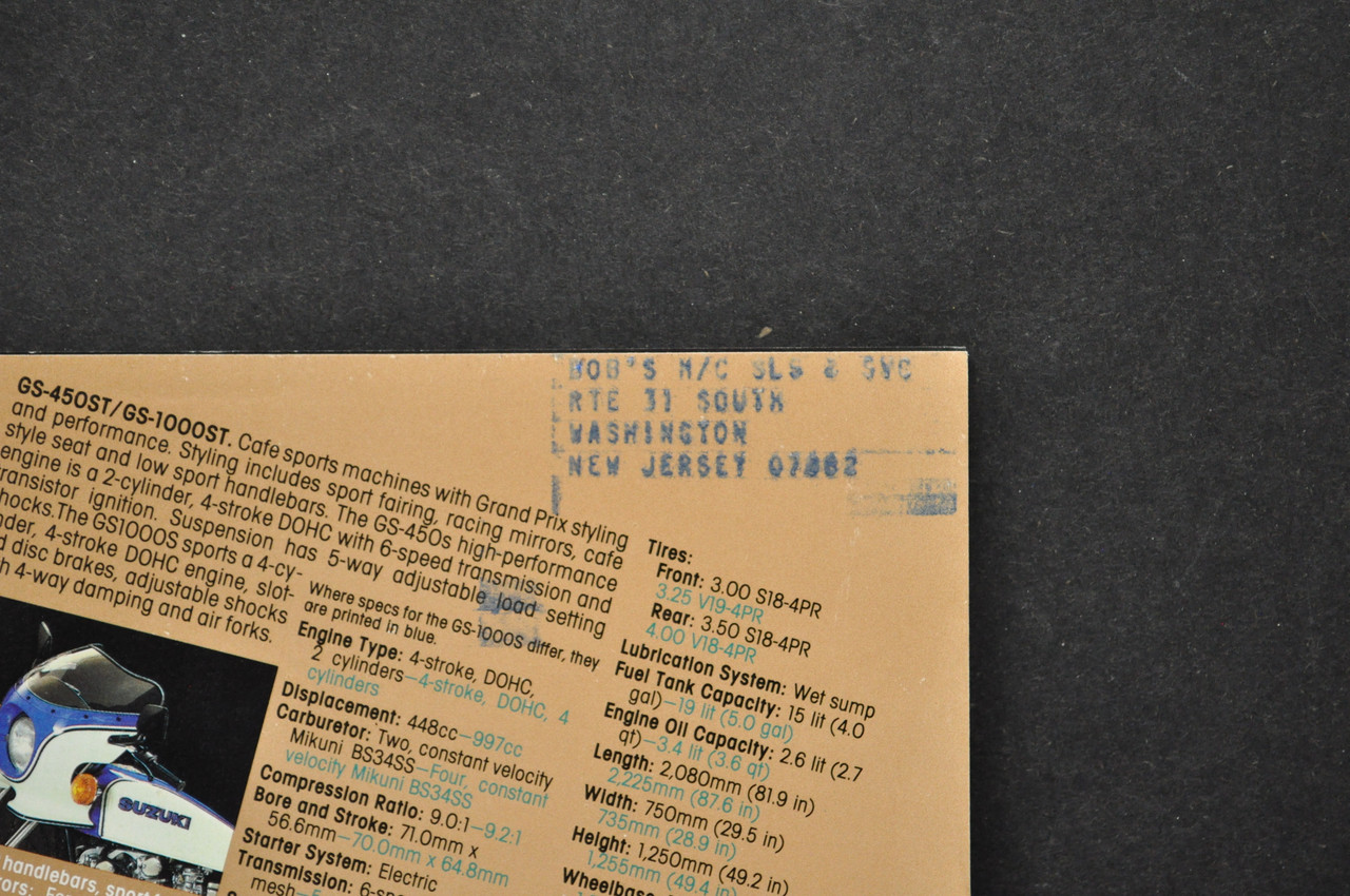 VTG Suzuki GS450 ST GS1000 ST Motorcycle Dealer Brochure 1980s NOS Dealer Stamp