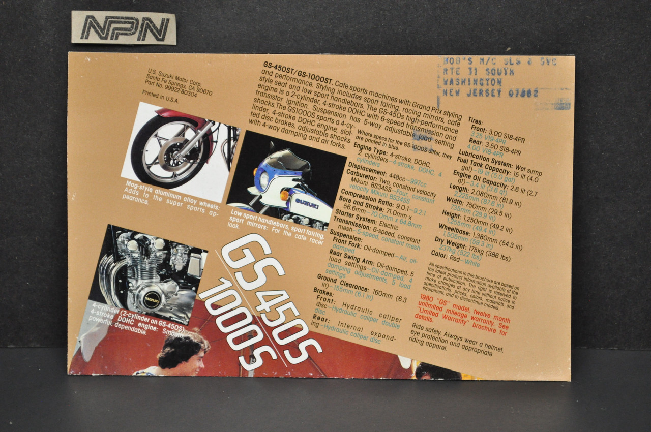 VTG Suzuki GS450 ST GS1000 ST Motorcycle Dealer Brochure 1980s NOS Dealer Stamp
