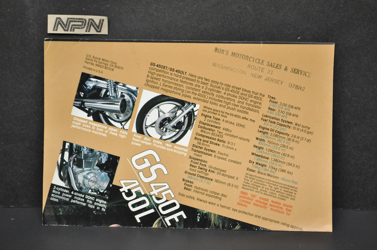 Vintage Suzuki GS450 E GS450 L Motorcycle Dealer Brochure 1980s NOS Dealer Stamp