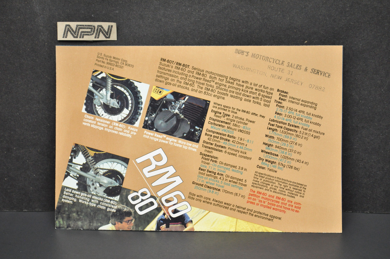 Vintage Suzuki RM60 T RM80 T Motorcycle Dealer Brochure 1980 NOS Dealer Stamp