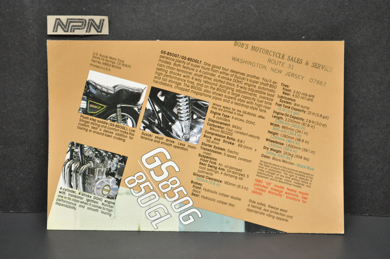 VTG Suzuki GS850 GT GS850 GLT Motorcycle Dealer Brochure 1980 NOS Dealer Stamp