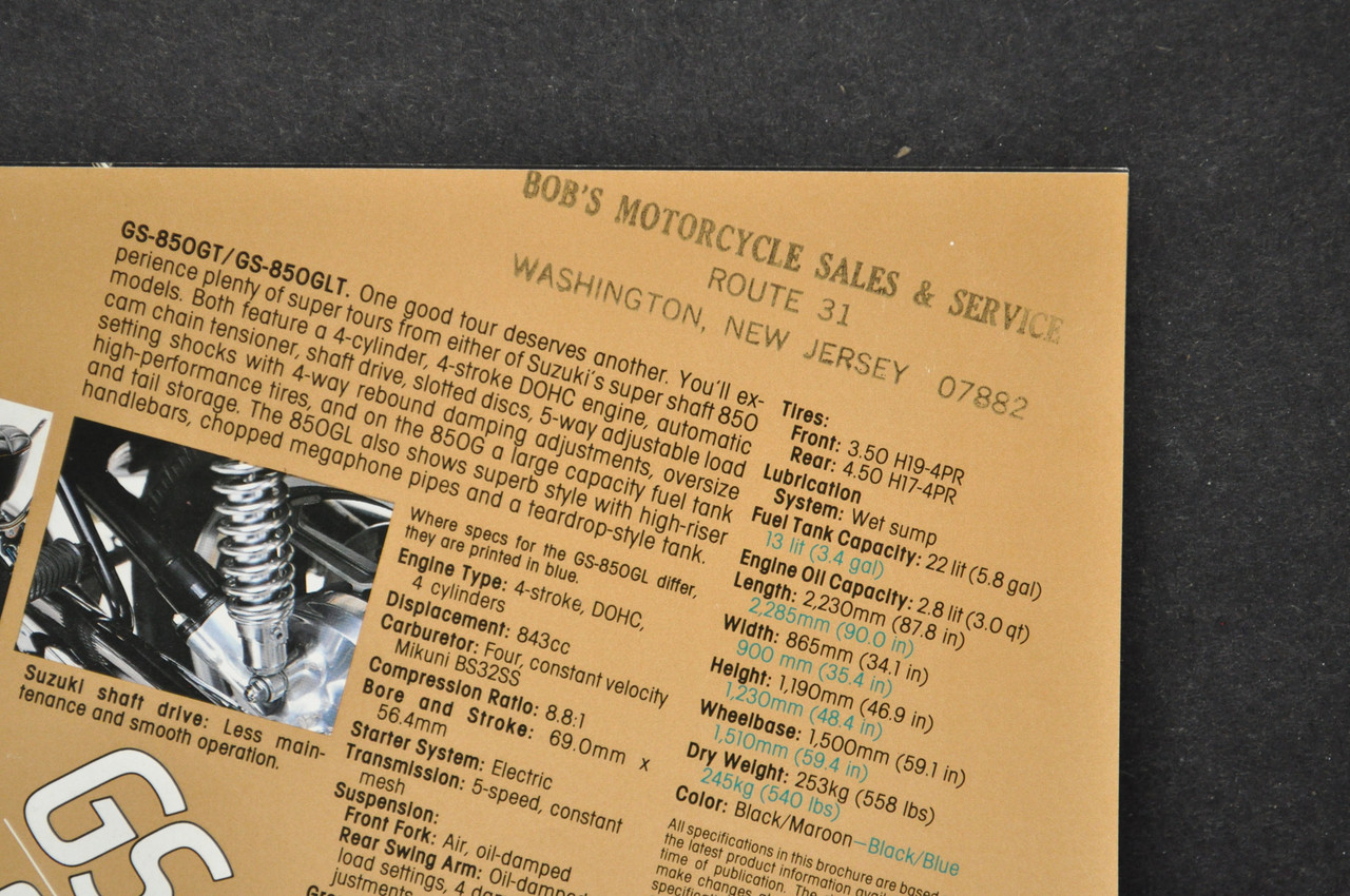 VTG Suzuki GS850 GT GS850 GLT Motorcycle Dealer Brochure 1980 NOS Dealer Stamp