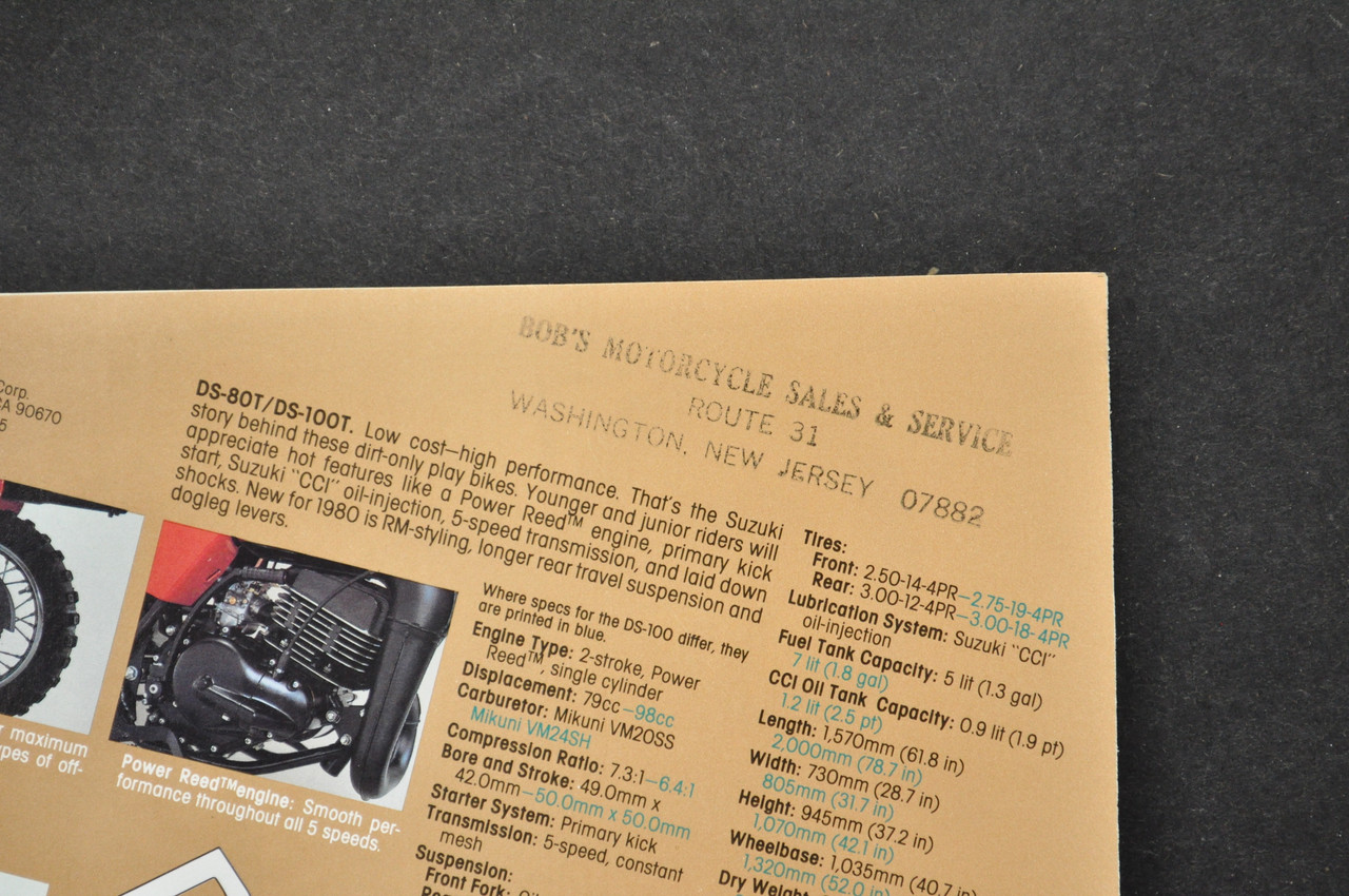 Vintage Suzuki DS80 T DS100 T Motorcycle Dealer Brochure 1980 NOS Dealer Stamp