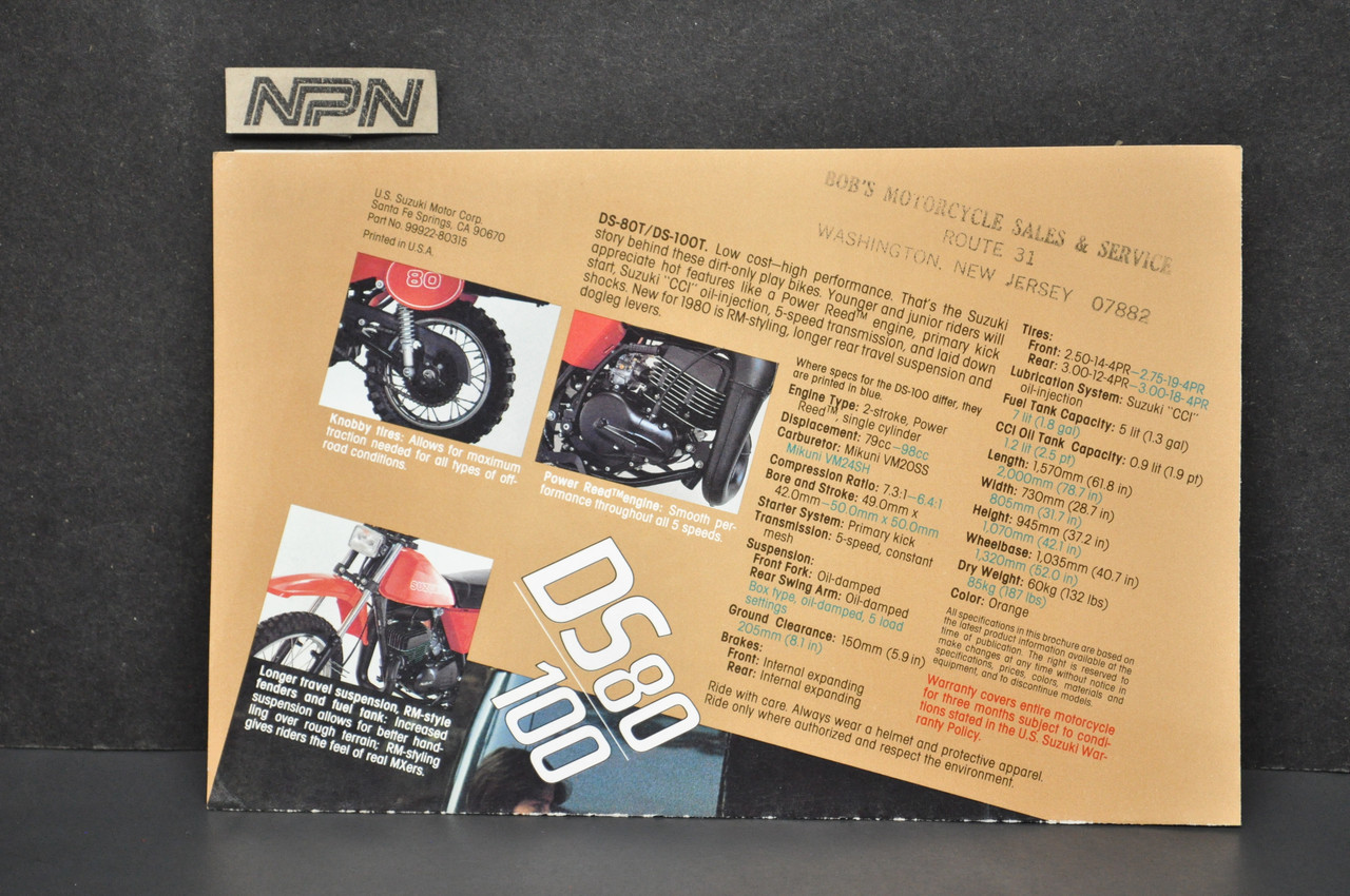 Vintage Suzuki DS80 T DS100 T Motorcycle Dealer Brochure 1980 NOS Dealer Stamp