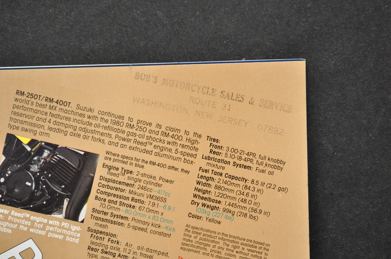 VTG Suzuki RM250 T RM400 T Motorcycle Dealer Brochure 1980 NOS Dealer Stamp