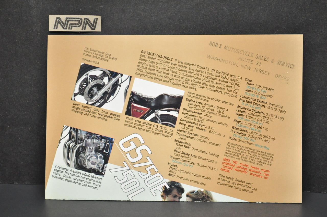 Vintage Suzuki GS750 E GS750 L Motorcycle Dealer Brochure 1980 NOS Dealer Stamp