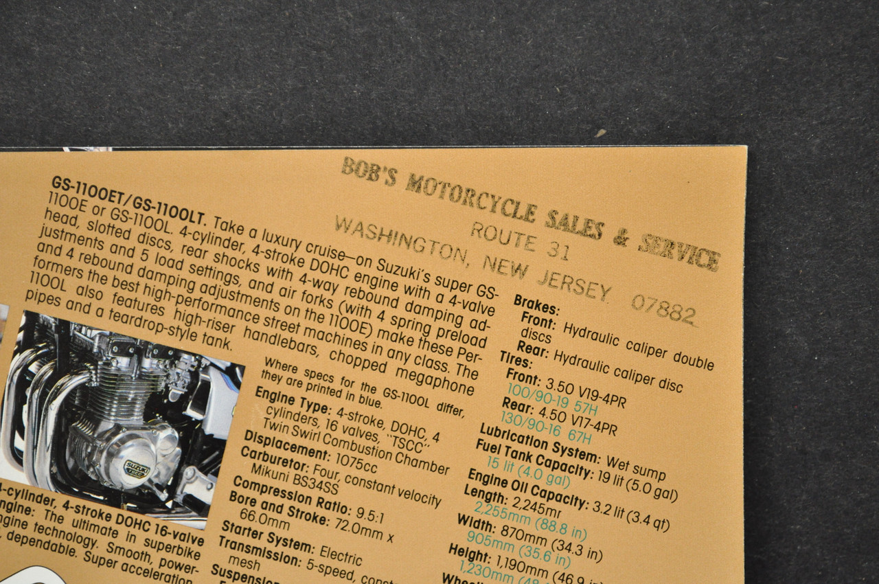 VTG Suzuki GS1100 E GS1100 L Motorcycle Dealer Brochure 1980 NOS Dealer Stamp