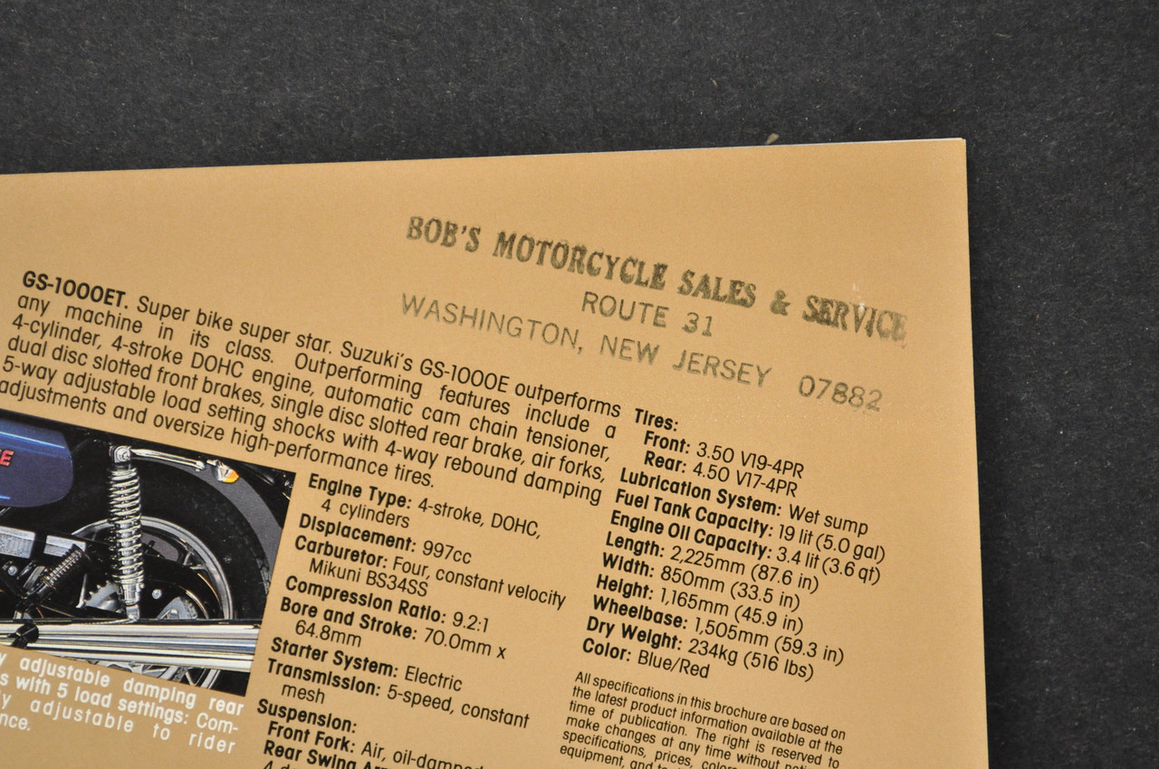 Vintage Suzuki GS1000 E Motorcycle Dealer Brochure 1980 NOS Dealer Stamp