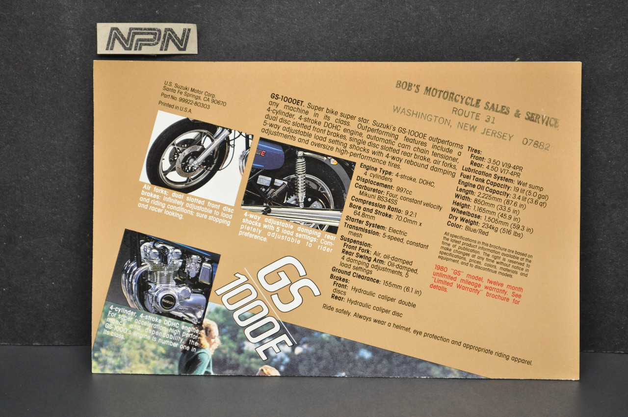 Vintage Suzuki GS1000 E Motorcycle Dealer Brochure 1980 NOS Dealer Stamp
