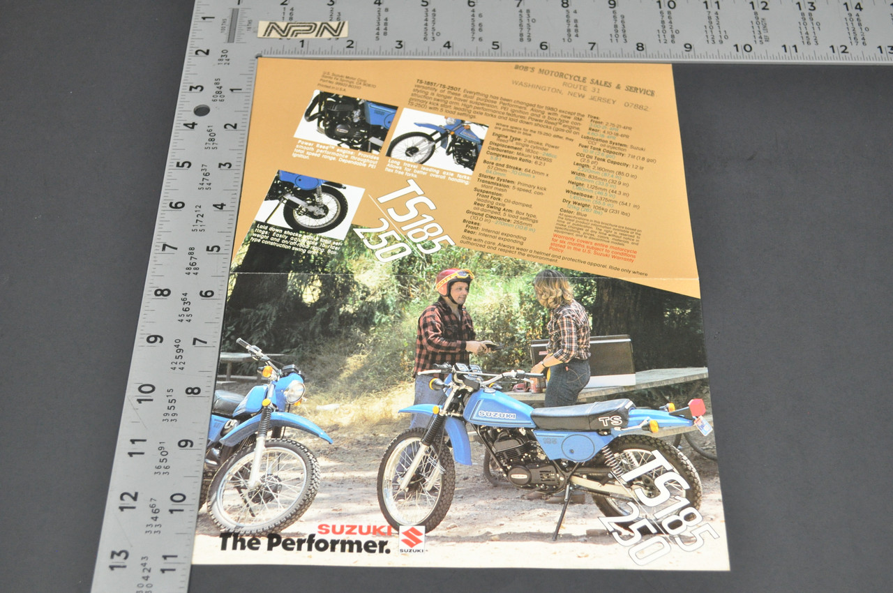 Vintage Suzuki TS185 TS250 Motorcycle Dealer Brochure 1980 NOS Dealer Stamp
