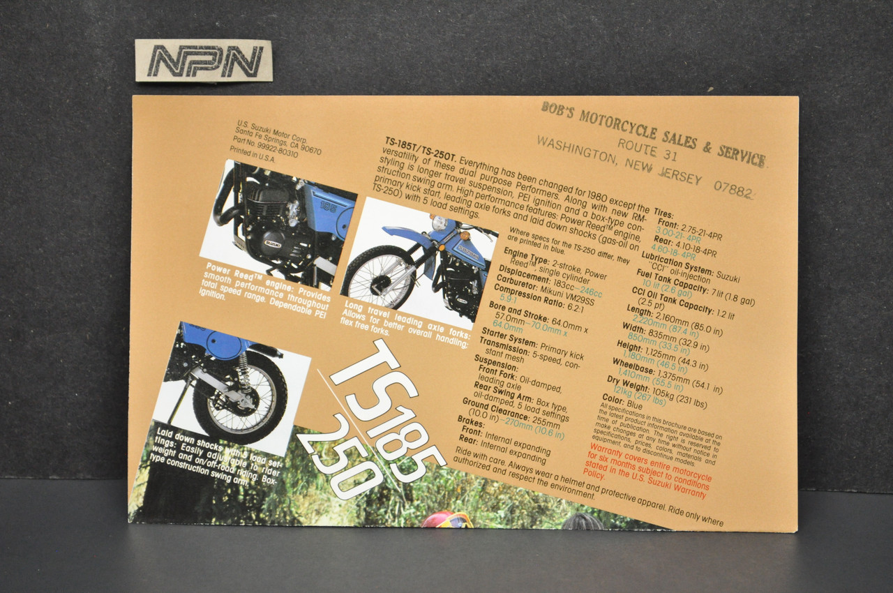 Vintage Suzuki TS185 TS250 Motorcycle Dealer Brochure 1980 NOS Dealer Stamp