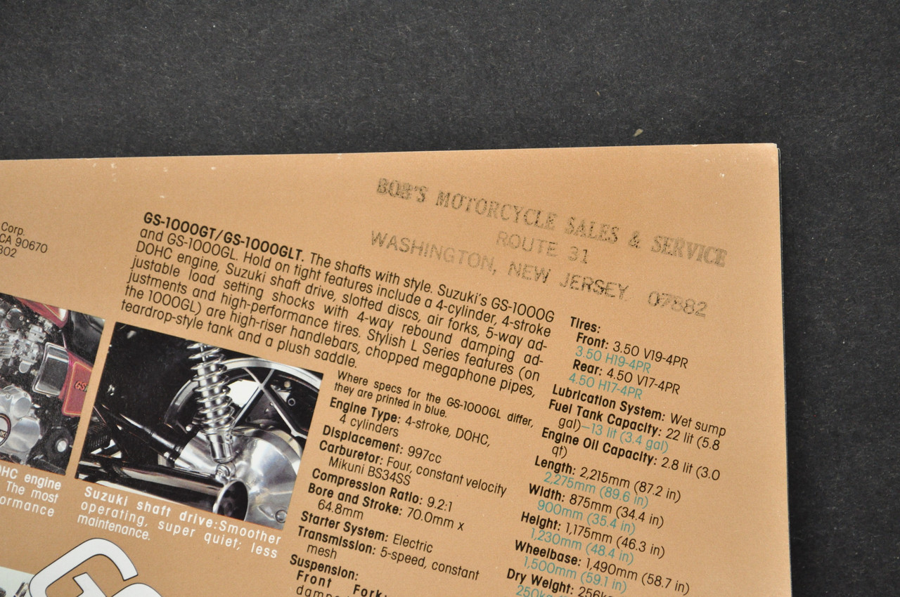 VTG Suzuki GS1000 G GS1000 GL Motorcycle Dealer Brochure 1980 NOS Dealer Stamp