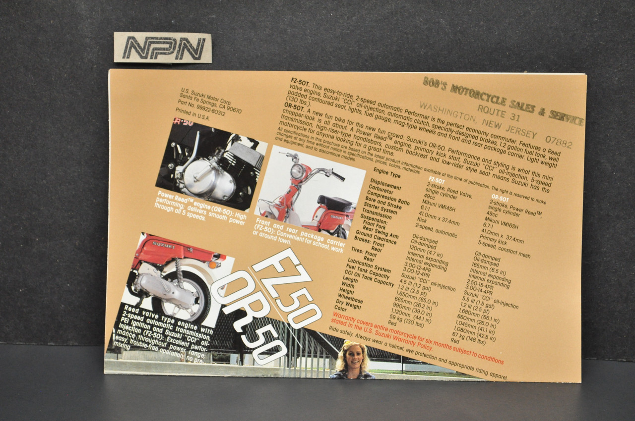 Vintage Suzuki FZ50 T Rascal OR50 T Moped Dealer Brochure 1980 NOS Dealer Stamp