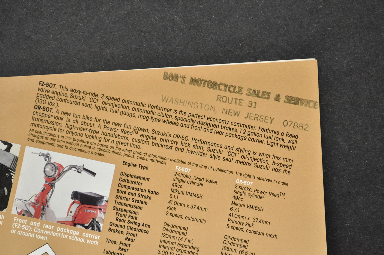 Vintage Suzuki FZ50 T Rascal OR50 T Moped Dealer Brochure 1980 NOS Dealer Stamp