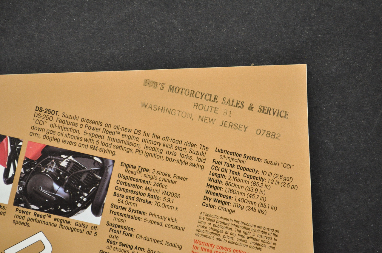 Vintage Suzuki DS250 T Motorcycle Dealer Brochure 1980 NOS Dealer Stamp