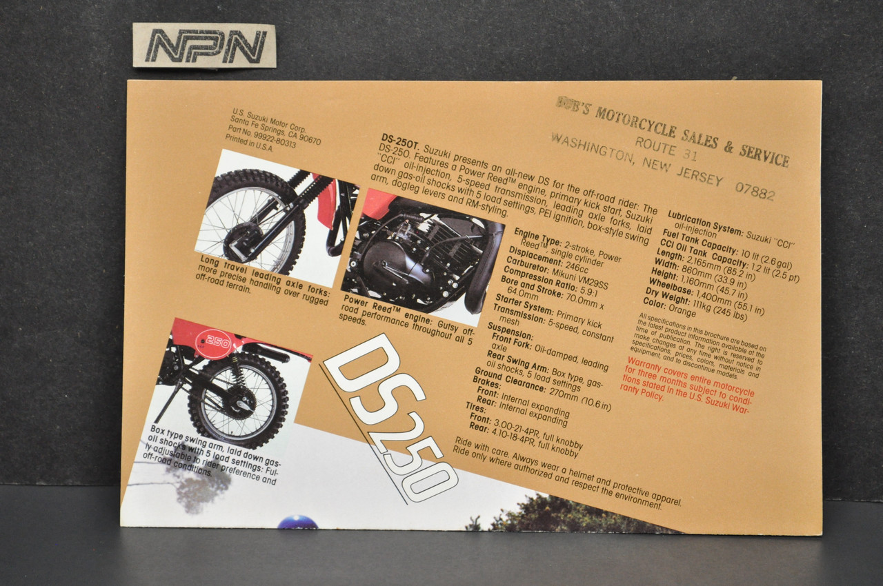 Vintage Suzuki DS250 T Motorcycle Dealer Brochure 1980 NOS Dealer Stamp
