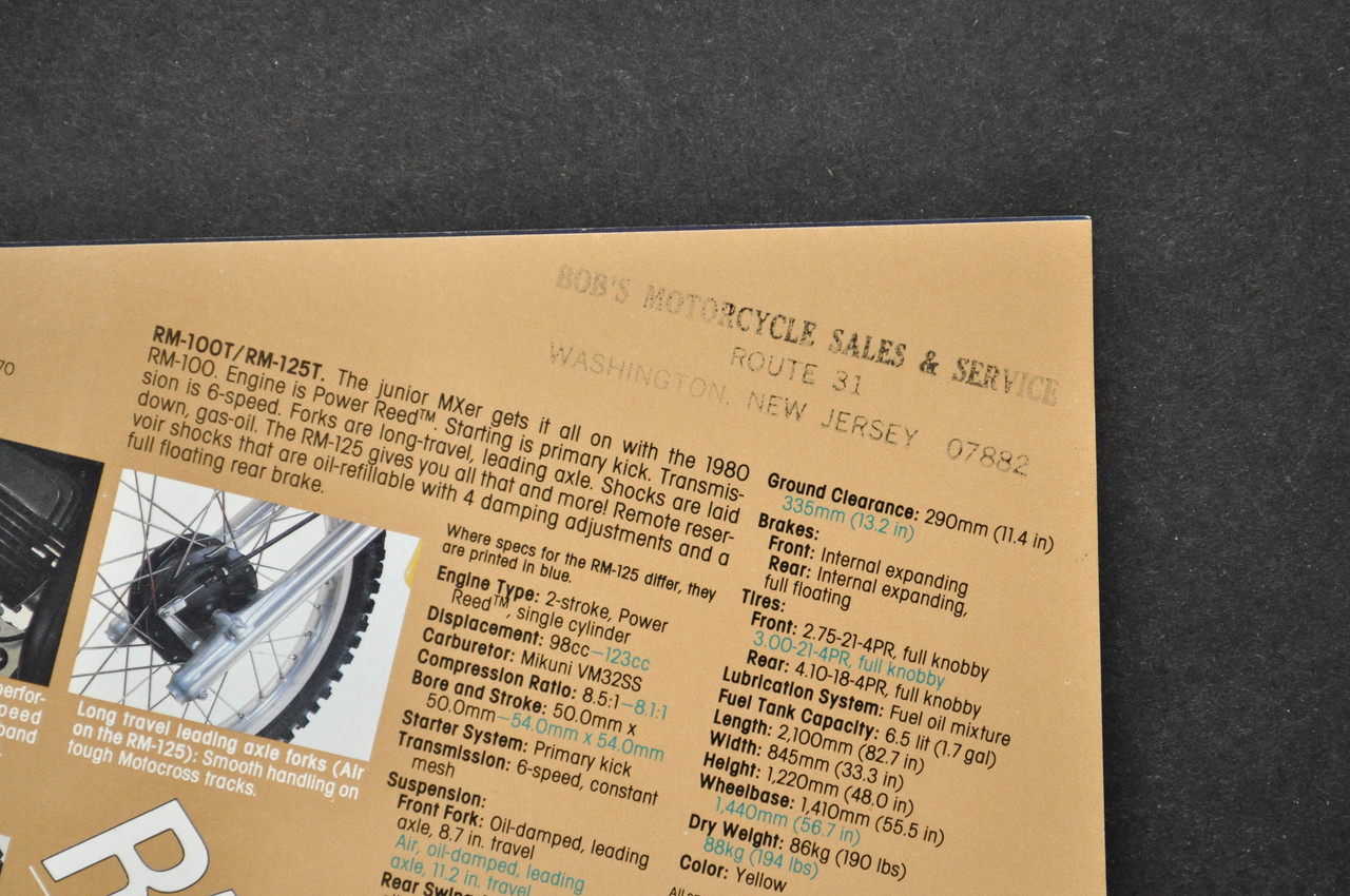 VTG Suzuki RM100 T RM125 T Motorcycle Dealer Brochure 1980 NOS Dealer Stamp
