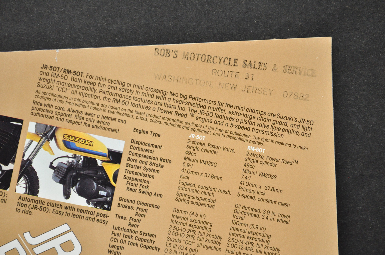 Vintage Suzuki JR50 RM50 Motorcycle Dealer Brochure 1980 NOS Dealer Stamp