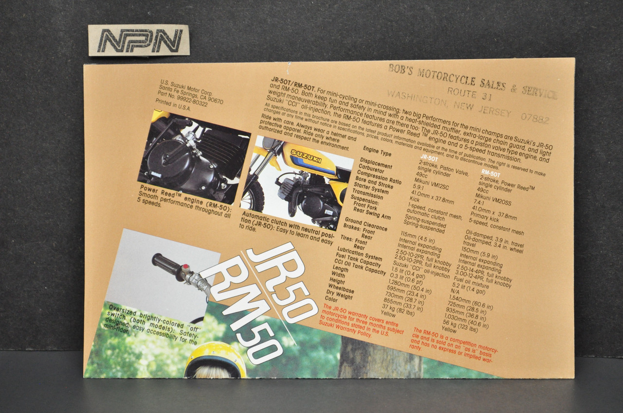 Vintage Suzuki JR50 RM50 Motorcycle Dealer Brochure 1980 NOS Dealer Stamp