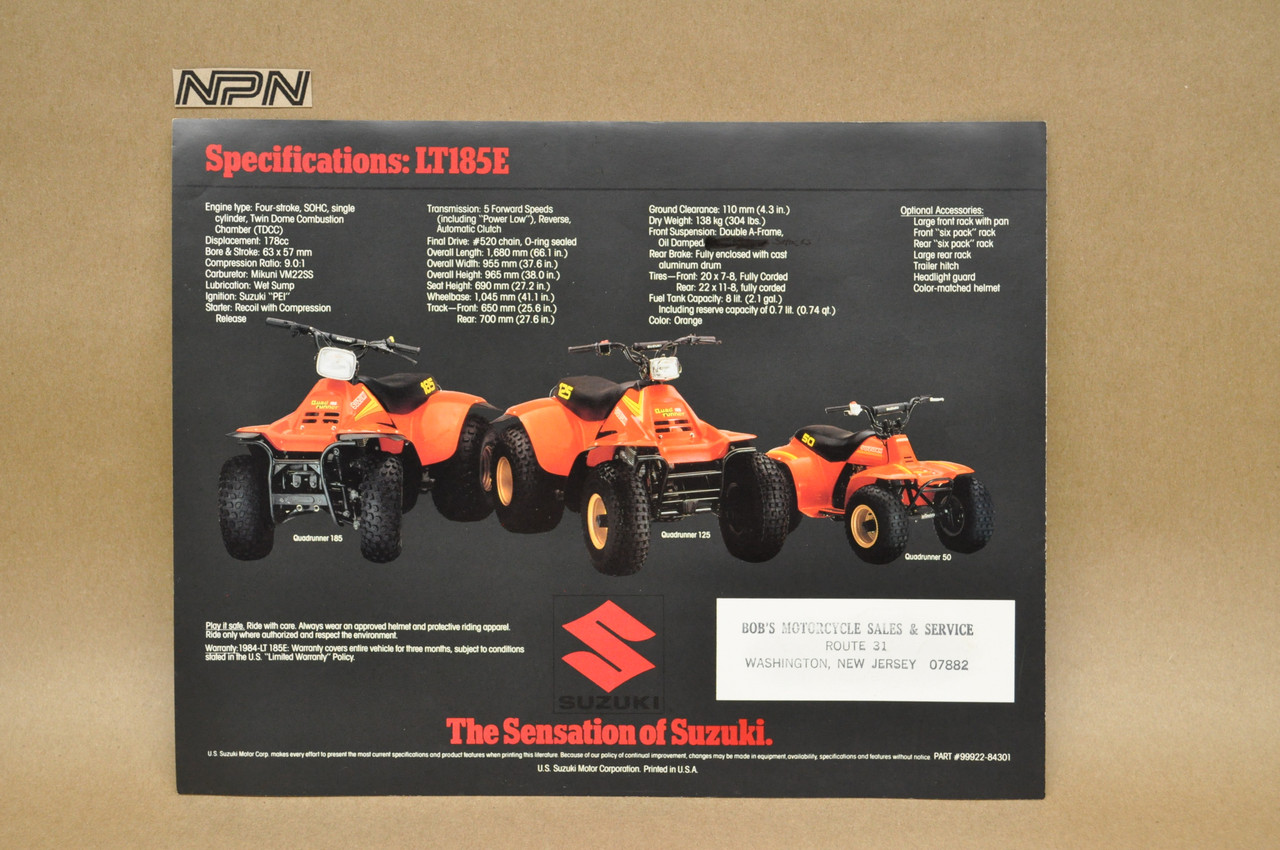 Vintage NOS 1984 Suzuki LT185 E Quadrunner Brochure Bobs Motorcycle Dealer Stamp