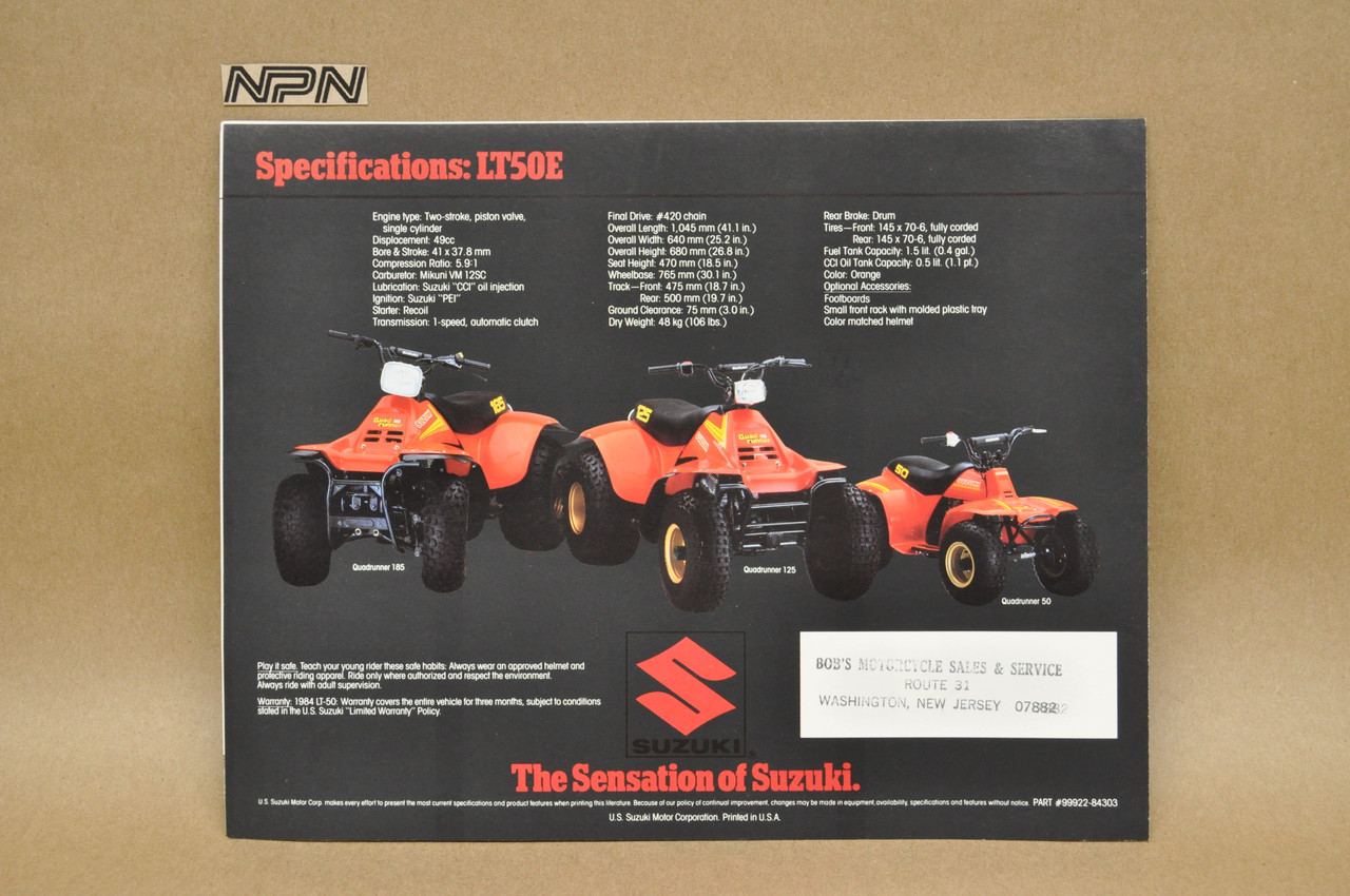 Vintage NOS 1984 Suzuki LT50 E Quadrunner Brochure Bobs Motorcycle Dealer Stamp