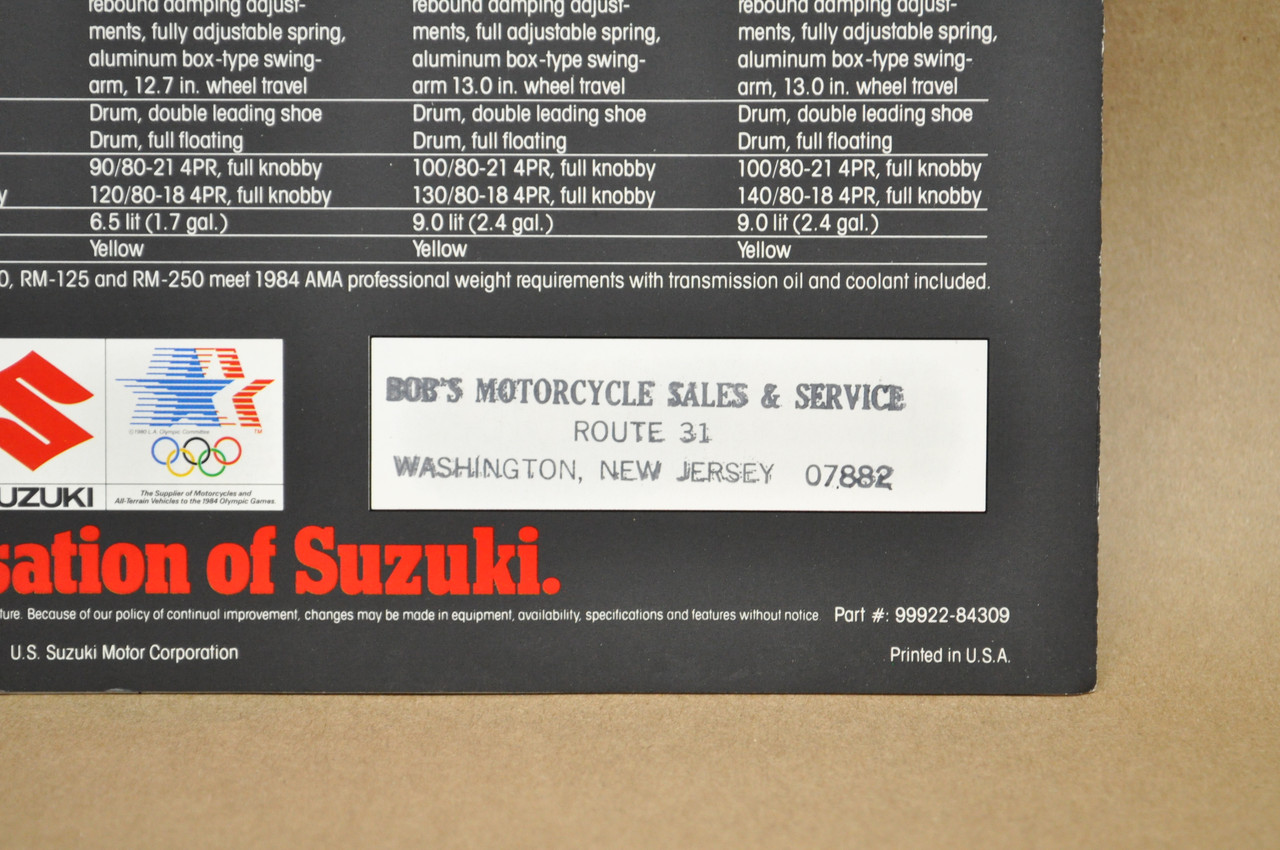VTG NOS 1984 Suzuki RM80 RM125 RM250 RM500 Brochure OEM Dealer Stamp Specs MX