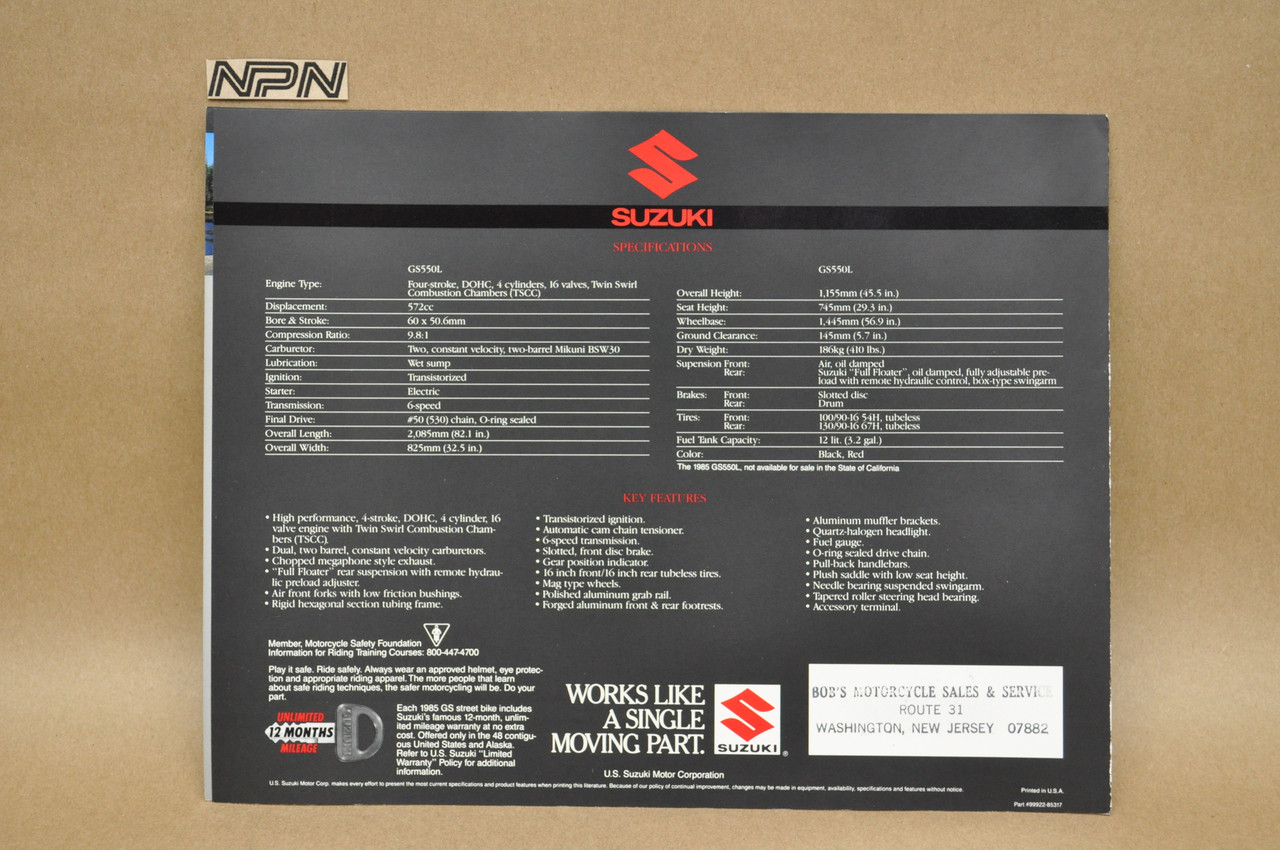 VTG NOS 1985 Suzuki GS550 L Motorcycle Brochure OEM Dealer Stamp Specs NEW