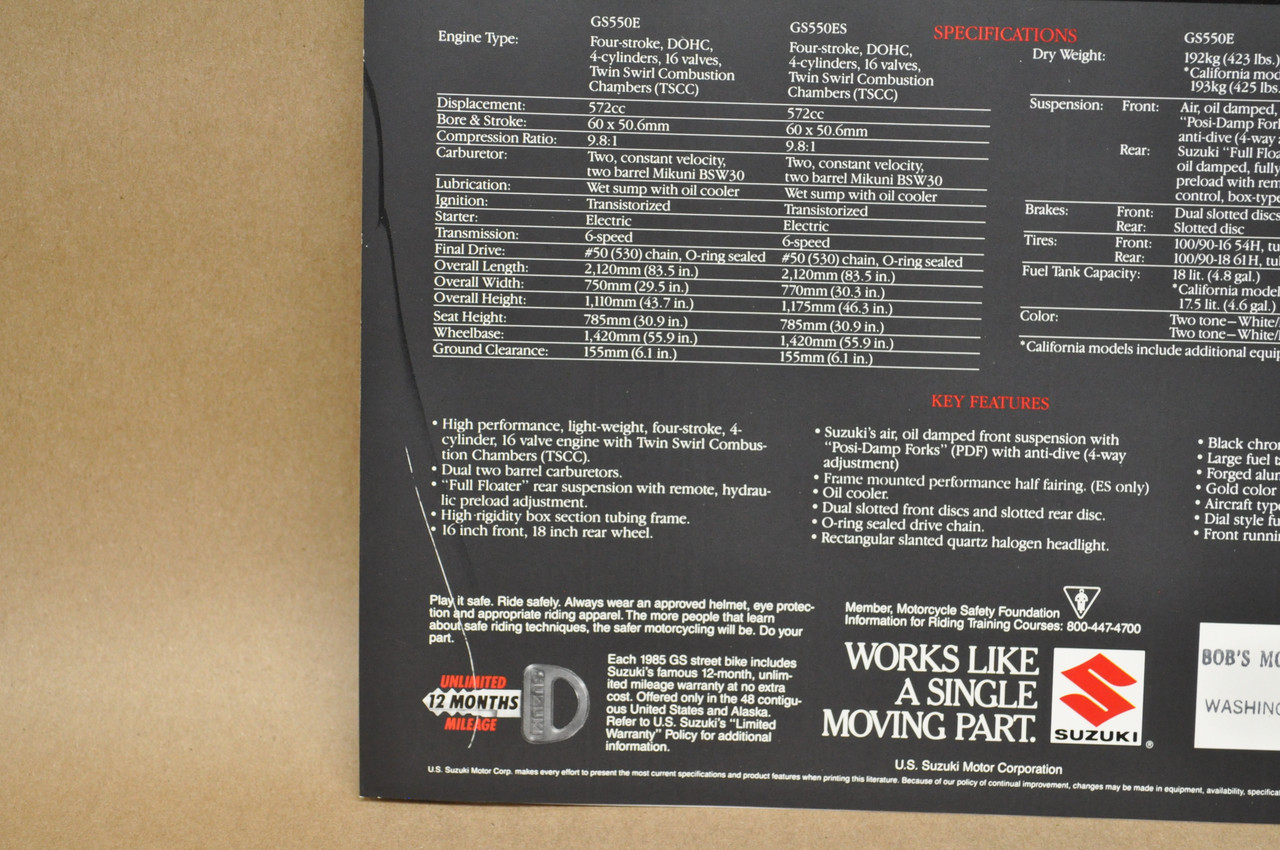 Vintage NOS 1985 Suzuki GS550 E GS550 ES Brochure OEM Dealer Stamp Specs NEW